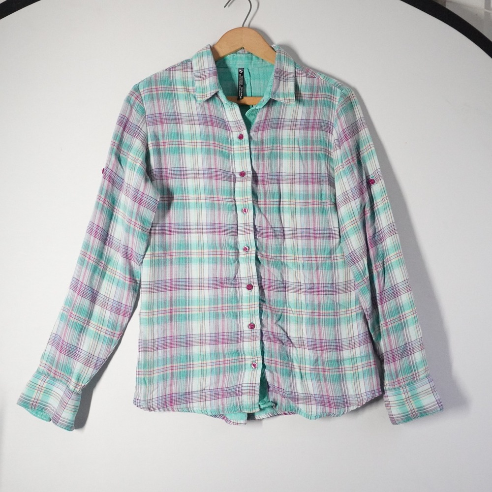 Kuhl Womens Small Teal Purple Plaid Modal Blend Roll Tab Button Down Shirt
